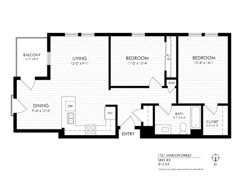 Floor plan for 2 beds, 1 bath, 815 sqft